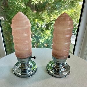 Vintage Art Deco Pink Torpedo Glass Lamps, Skyscraper Frosted Boudoir Lamp Set